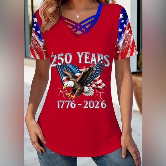 Tops - Patriotic Eagle Graphic V-Neck Tee - 250 Years Red